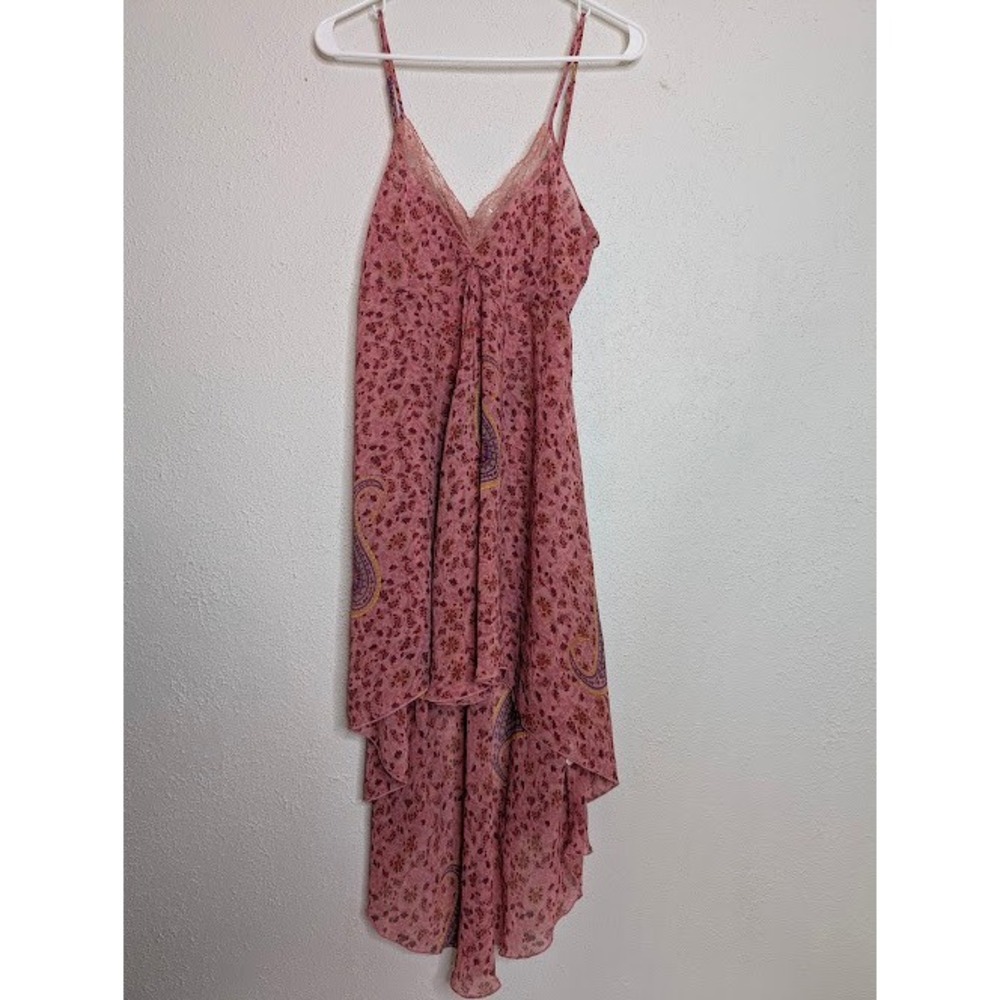 VTG Y2K Babydoll Lace Pink Sheer‎ Paisley Midi Dress Size Large Fairy Sleeveless